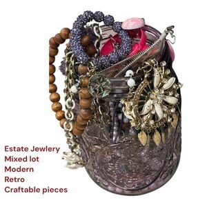 Estate Jewlery in purple mason jar. Mixed lot mystery Purple , gold craftable